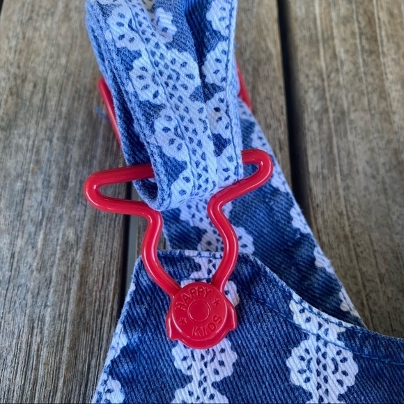 Vintage 80’s 90’s HAPPY KIDS Lace Print Ruffle Denim Overall Romper Toddler 2T - Picture 7 of 11